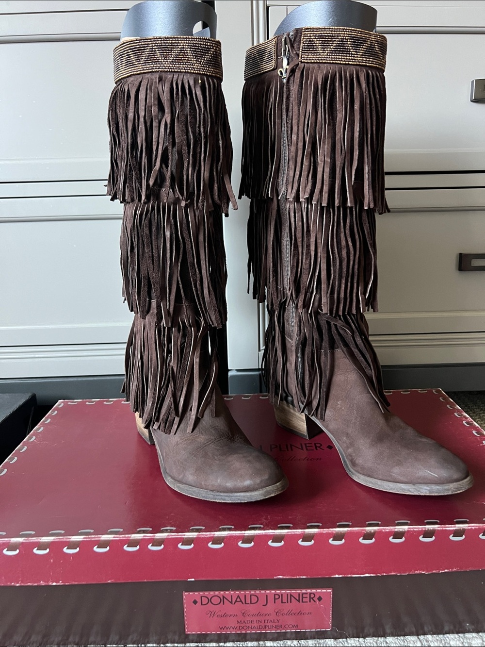 Donald J. Pliner Brown Suede Over-the-Knee Fringe Boots